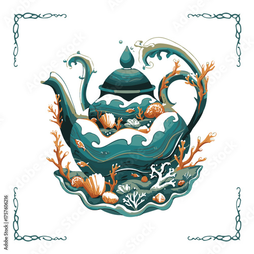 Enchanting teal teapot adorned with coral and seaweed evokes a mystical underwater tea party scene
