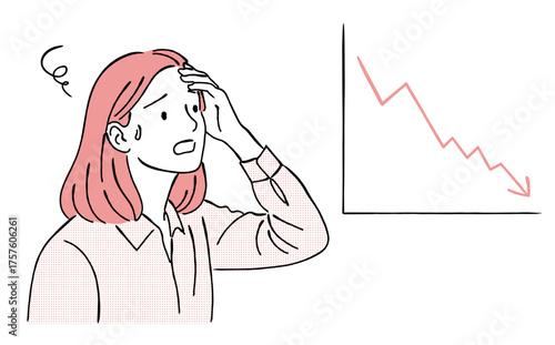 右肩下がりのグラフを見て困惑・焦る女性ビジネスウーマンの線画イラスト,業績不振,トラブル,失敗