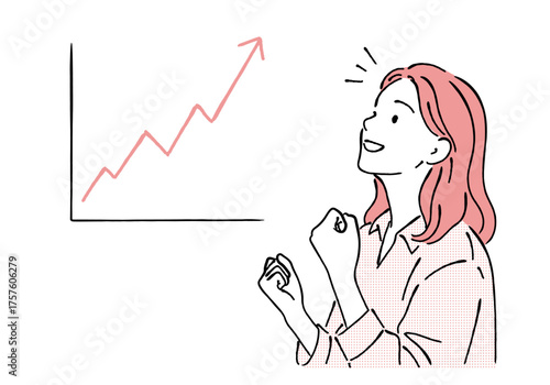 右肩上がりのグラフを見て喜ぶ女性ビジネスウーマンの線画イラスト,成功,業績アップ,ガッツポーズ,目標達成