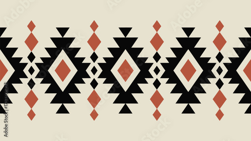 Geometric pattern with black triangles and terracotta diamonds on a cream colored background design style