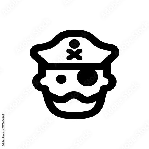 A stylized pirate captain icon with a hat adorned with a skull and crossbones and an eyepatch over one eye