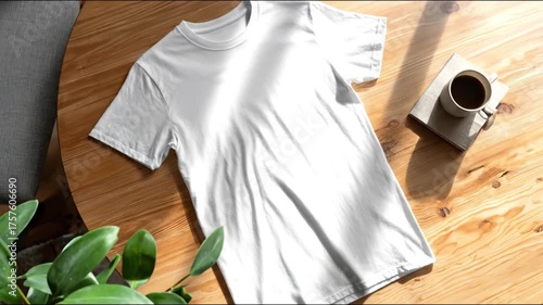 An overhead view of a plain white t-shirt on a sunlit wooden table with a cup of coffee and a green plant