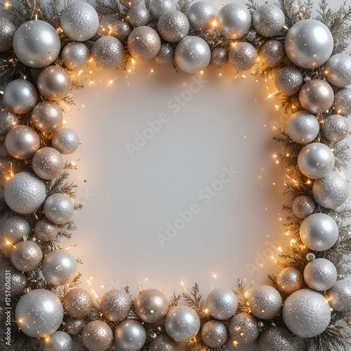 Christmas ornament frame composed of shiny spheres and sparkling glitter.