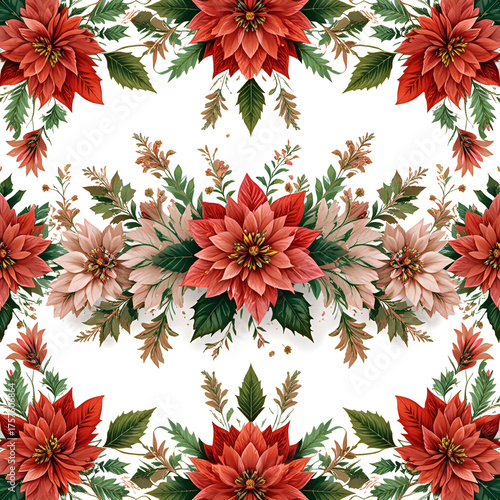 Elegant Christmas floral border featuring vibrant poinsettia flowers.