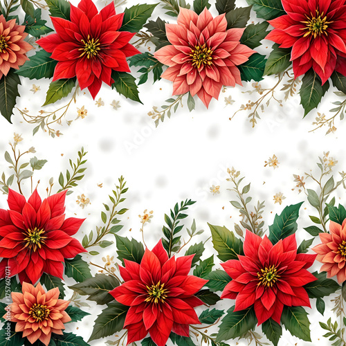 Elegant Christmas floral border featuring vibrant poinsettia flowers.