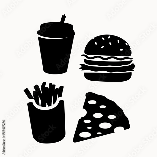 Black and white vector illustration of fast food items including burger fries soda and a slice of swiss cheese