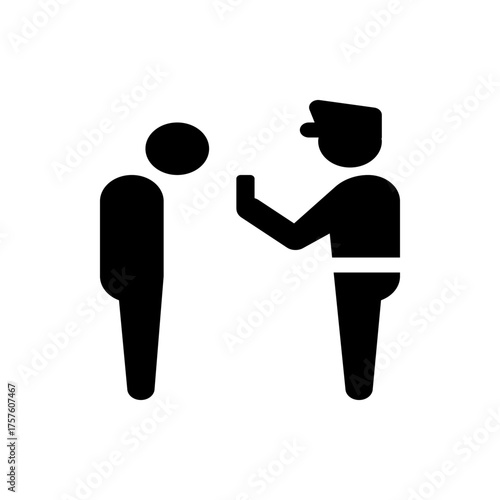 Illustration of a police officer interacting with a person with head bowed in a black and white design