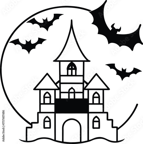 haunted mansion with bats and moon illustration on transparent background