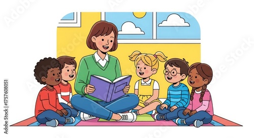 Teacher Reading Storybook to Diverse Group of Preschool Children in Classroom.
