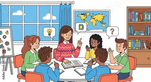 Diverse students collaborating on a project in a classroom setting.
