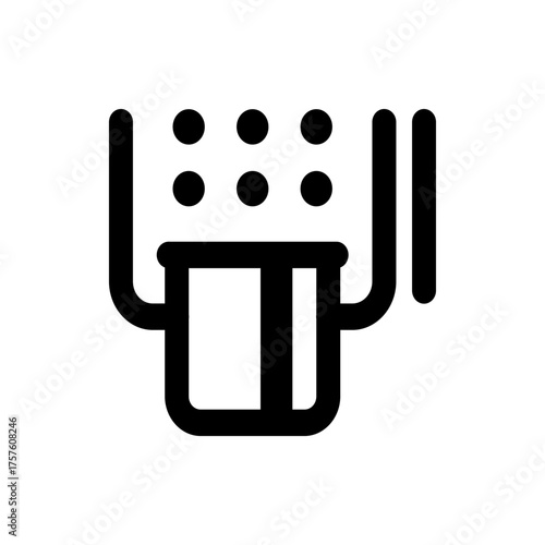 Illustration of a shower head with six circular openings above a towel hanging from a rack in black