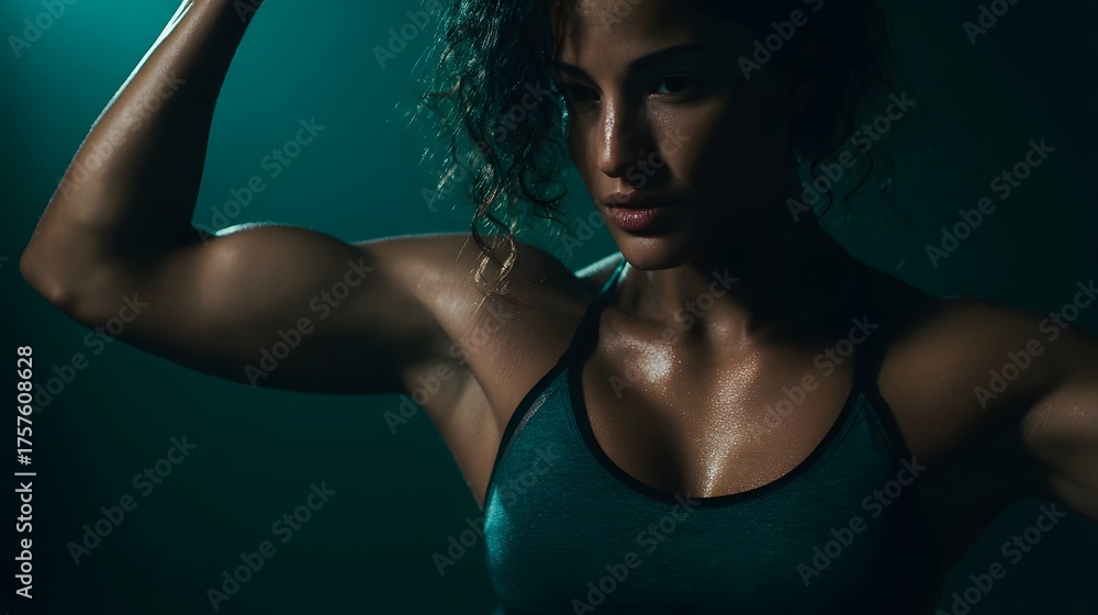 Naklejka premium A determined woman with toned muscles flexes her arm showcasing strength and post workout glow in dramatic lighting
