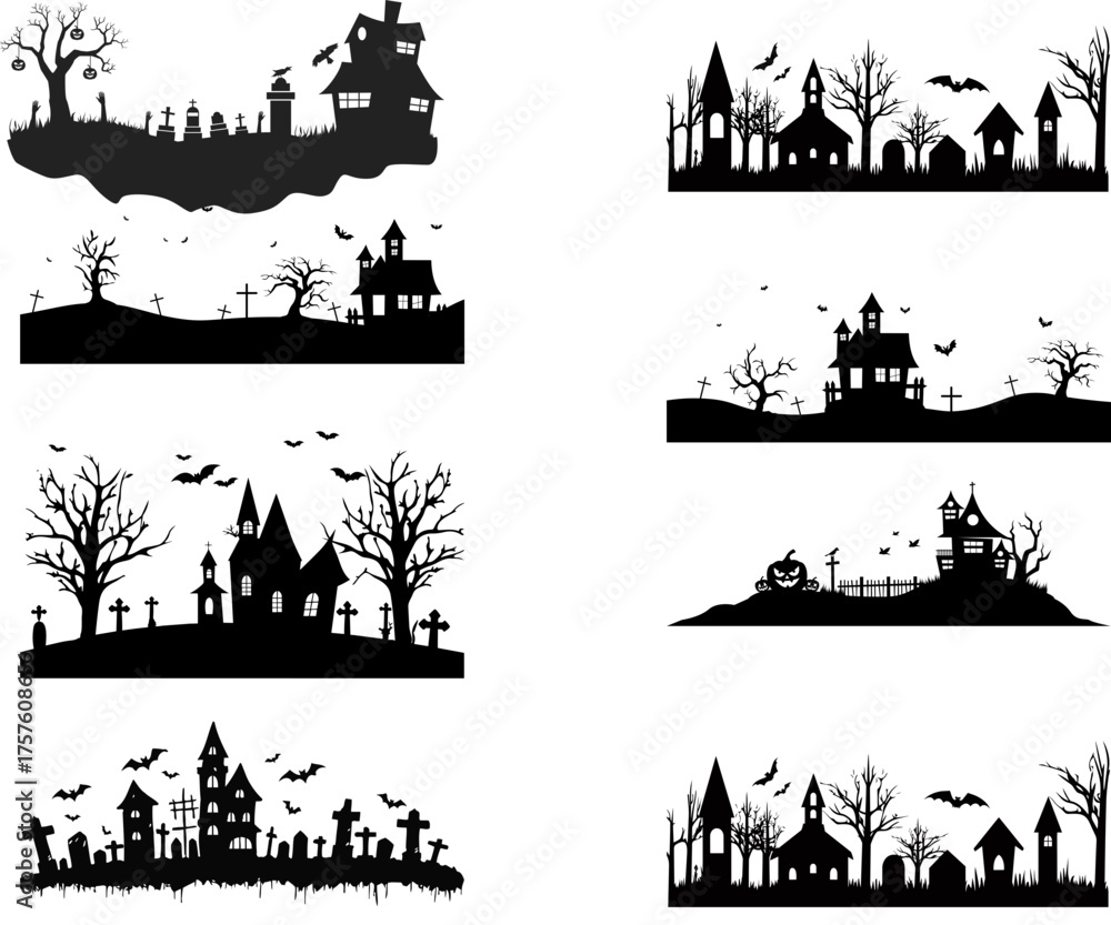 Obraz premium A collection of eight black Halloween silhouettes featuring haunted houses, spooky graveyards, and eerie landscapes.