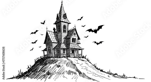Spooky Haunted House on Hill Line Art Vector Illustration  Halloween Night Mansion Drawing