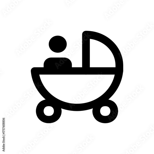Illustration of a baby carriage with a child inside, depicted in a simple black and white outline style