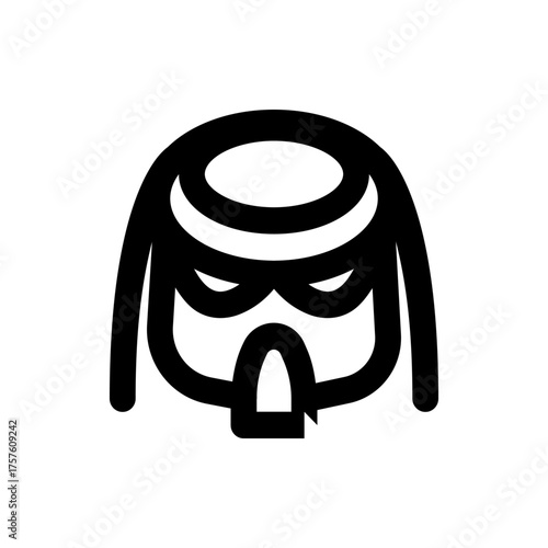 Stylized black and white drawing of a masked figure with a head covering and an angular facial design