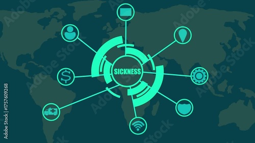 Global Network Connections with the Word Sickness in a Central Hub Keywords: global network, sickness, disease, connection, communication, technology, health, world map, international, data