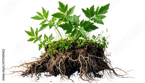 Isolated patch of earth with a plant and its roots against a white background, lit from above