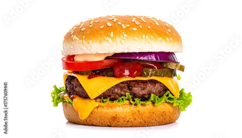 Juicy burger with layers of beef, cheese, lettuce, tomato, onion, pickles, and sauce on a sesame bun