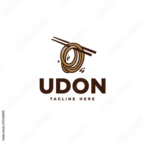 Udon Noodle Logo with Chopsticks, Traditional Japanese Cuisine Vector