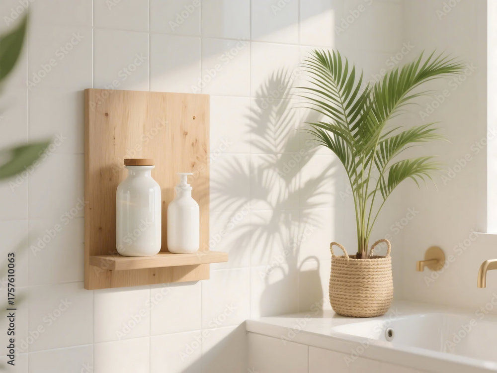 Fototapeta premium A bright bathroom with white tiles, a wooden shelf, bottles, a plant, and natural sunlight creating a serene atmosphere.