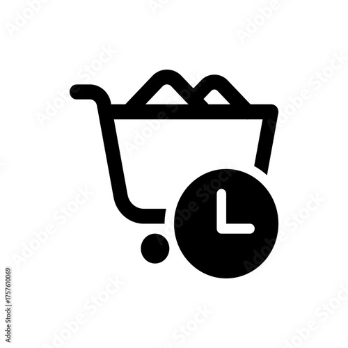 Shopping cart filled with items and a clock indicating time for purchase or delivery in black and white style