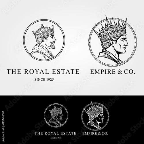 Royal Estate and Empire Co. Logos Featuring Regal King Portraits.