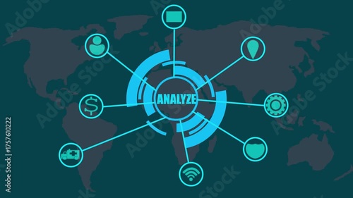 Global Network Connection with Central Analyze Hub and World Map Background image photo