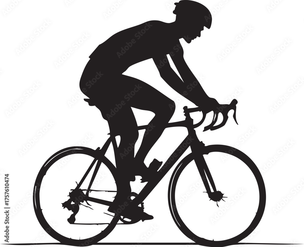Obraz premium Cyclist in helmet riding road bike, black silhouette vector capturing speed, motion, and athletic focus in cycling sport