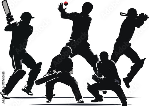 Cricket silhouettes in dynamic poses, black vector set featuring batsmen, bowler, fielder, and wicketkeeper in action