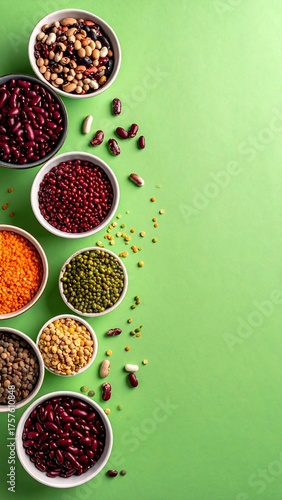 Colorful legumes in small bowls on vibrant green background