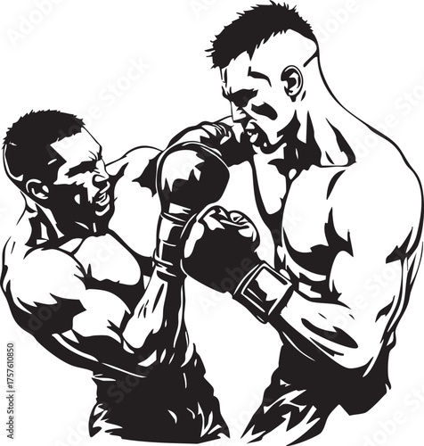 Two boxers in intense combat moment, black and white vector capturing strength, motion, and competitive spirit of the sport