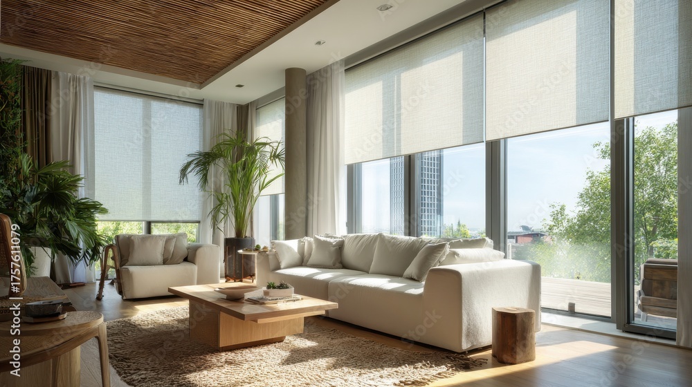 Fototapeta premium Commercial high-resolution photo of commercial high-resolution photo of modern living room with large windows and natural light.