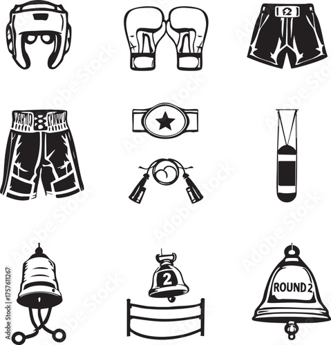 Boxing equipment icons in black and white grid, bold vector set featuring gloves, trunks, belt, bell, and punching bag