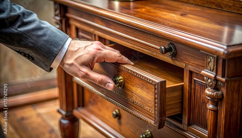 Man pulls open a wooden dresser drawer, revealing its interior, with sunlight hitting the elegant furniture