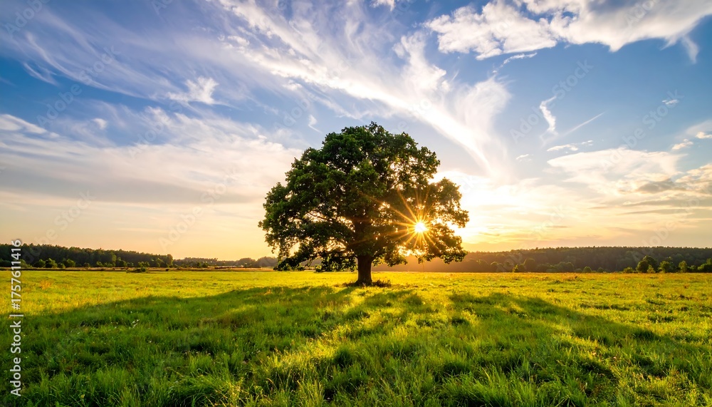 Fototapeta premium A solitary tree silhouetted by a sunset casting long shadows across a meadow