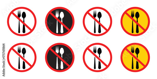 No Food Allowed Icon Set – Flat Vector Prohibited Symbols for Public Places