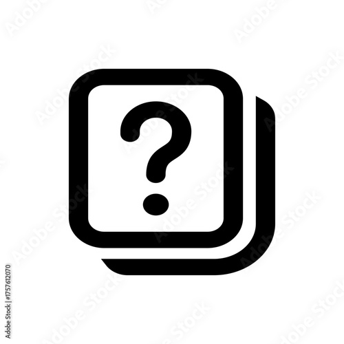 Black outlined icon of stacked documents displaying a question mark symbol on the topmost document surface