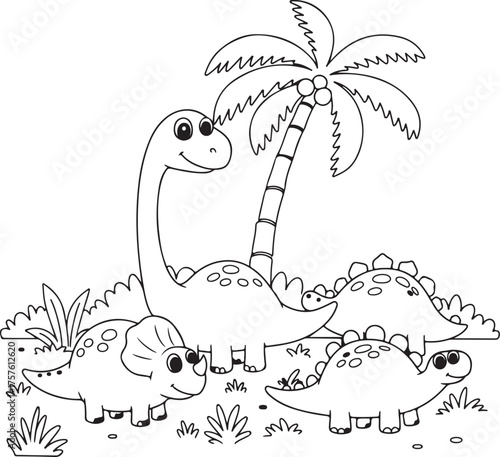 Cute dinosaur coloring page for kids featuring a brachiosaurus and palm tree