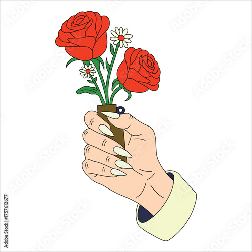 Elegant Hand Holding Flowers Coloring Vector.