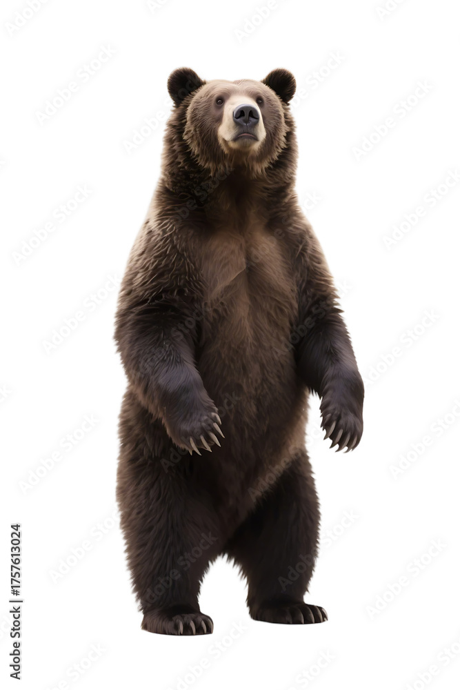Obraz premium A brown bear stands upright, showcasing its robust build and thick fur in a natural environment.