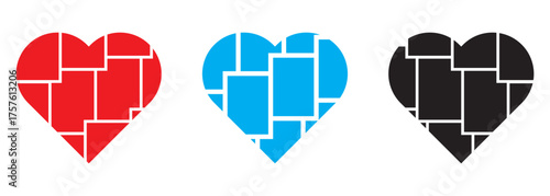 Collage of hearts. Colorful Hearts Overlapping Paper Craft. Separated lovely savings. Glitched distortion heart frame. Picture frame with heart shape. 