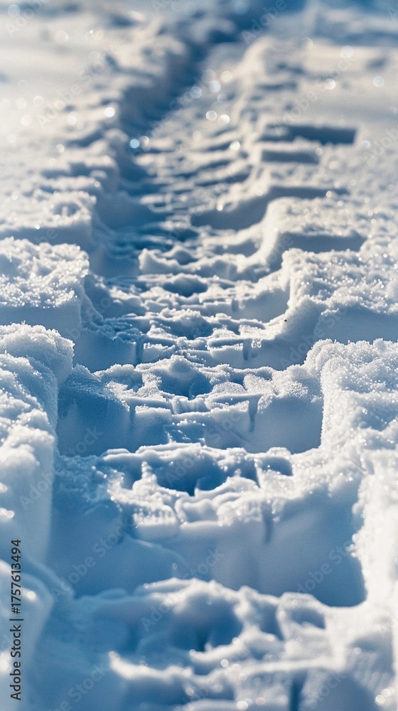 Obraz premium Snow-covered pathway with footsteps leading through a winter landscape under bright sunlight