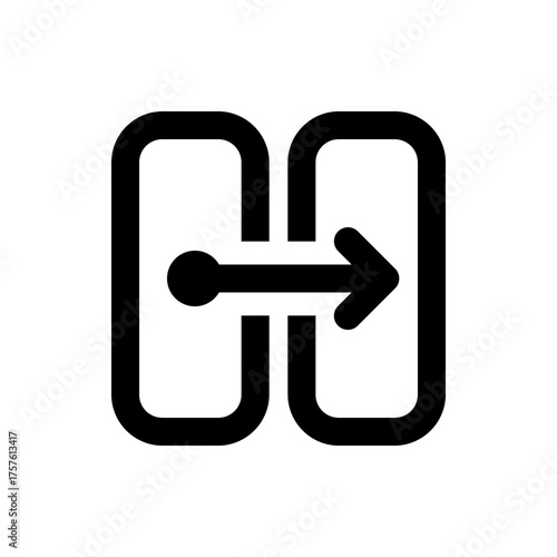 Black icon showing a rightward arrow passing through a stylized doorway with rounded rectangular frames