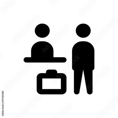 Illustration of a person at a reception desk with a suitcase and another person standing nearby visible