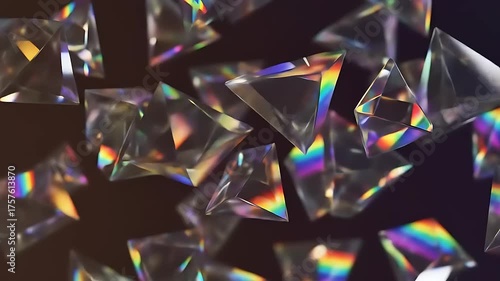 Colorful prisms scattering light and creating a rainbow effect in a dark background, showcasing refraction