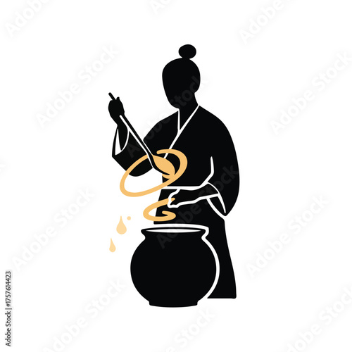 Silhouette of a person in traditional japanese attire stirring a bubbling cauldron with magical glowing ingredients creating an aura of enchantment