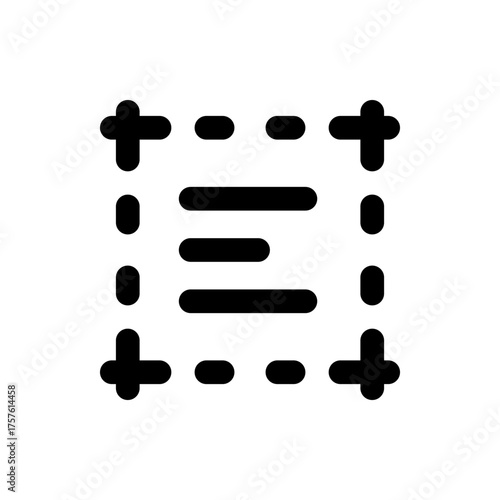 Black and white icon showing a text alignment box with plus signs and dots marking the boundaries and lines