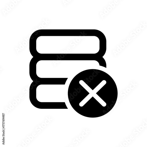 Illustration of a database stack with a cross mark indicating deletion or removal in black and white style