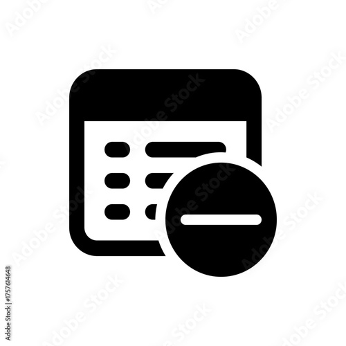 Black and white icon showing a calendar with list items and a circle with a minus sign overlaying it